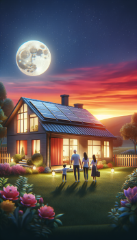  Solar panels installed on the roof of a house with a beautiful sunset and family. very realistic . NOTE show entire house in the picture 