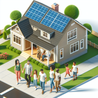  realistic image,Solar panels installed on the roof of a house with family. realistic photo . NOTE show entire house in the picture  image width 1024 x 1024